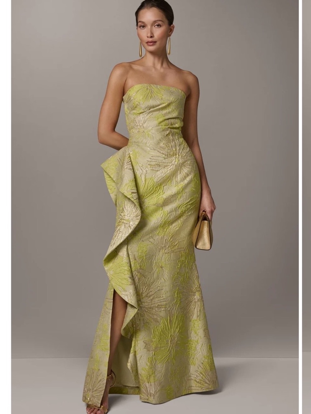 Strapless Lime Brocade Evening Gown with Draped Ruffle